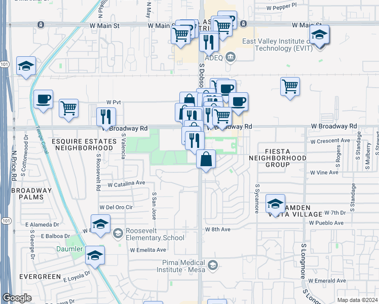 map of restaurants, bars, coffee shops, grocery stores, and more near 2025 W Broadway Rd in Mesa