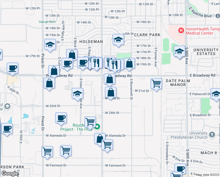 map of restaurants, bars, coffee shops, grocery stores, and more near 821 West Broadway Road in Tempe