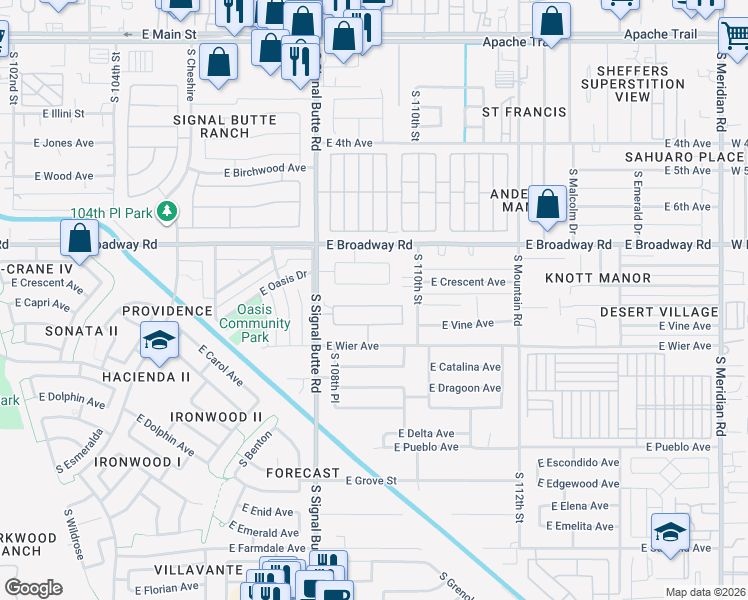 map of restaurants, bars, coffee shops, grocery stores, and more near 10910 East Crescent Avenue in Mesa