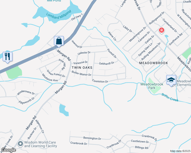 map of restaurants, bars, coffee shops, grocery stores, and more near 2836 Butler Manor Drive in Hephzibah