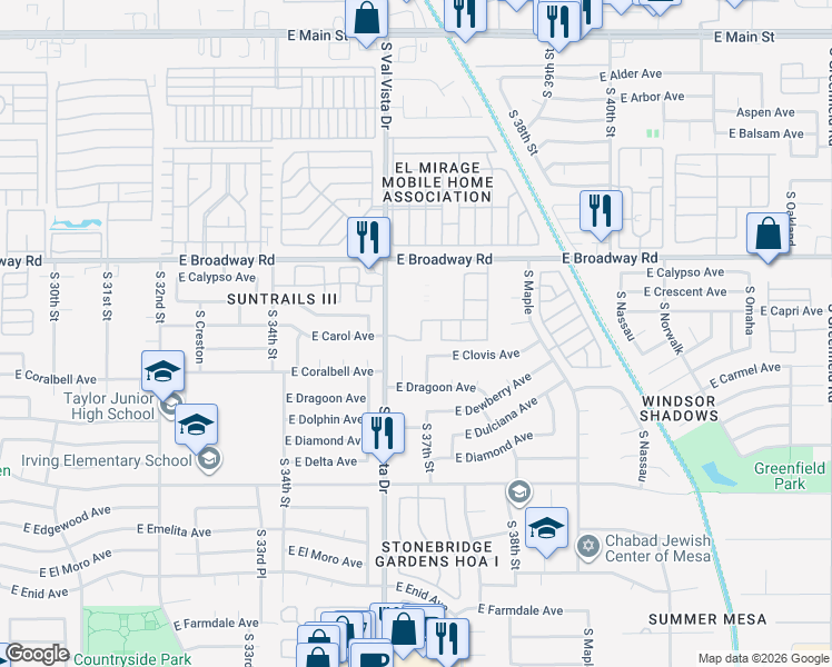 map of restaurants, bars, coffee shops, grocery stores, and more near 505 South Val Vista Drive in Mesa