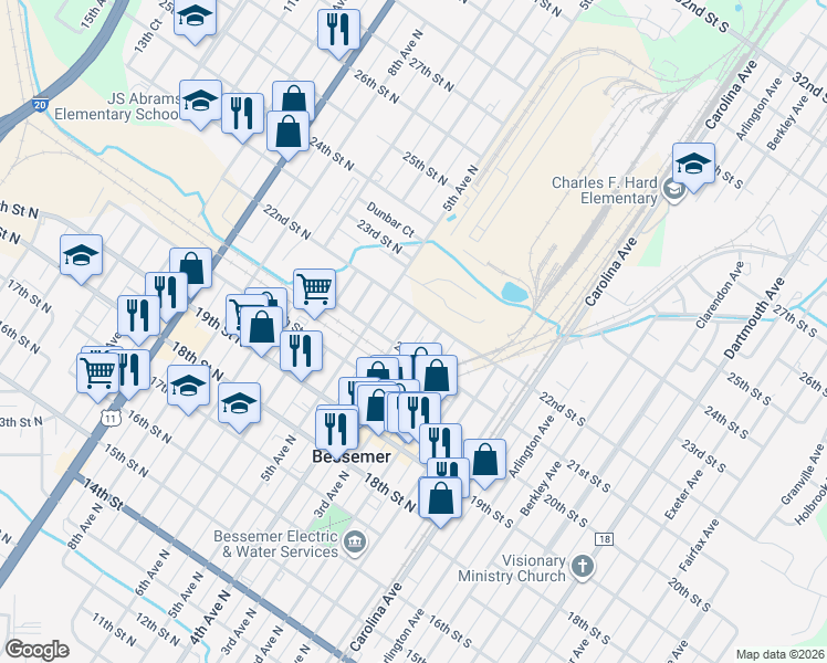 map of restaurants, bars, coffee shops, grocery stores, and more near 2118 4th Avenue North in Bessemer
