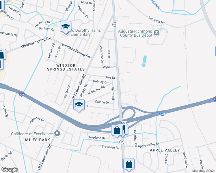 map of restaurants, bars, coffee shops, grocery stores, and more near 1910 Roberson Road in Augusta