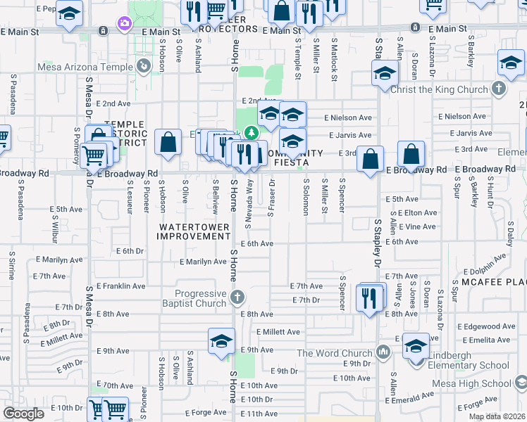 map of restaurants, bars, coffee shops, grocery stores, and more near 445 South Nevada Way in Mesa
