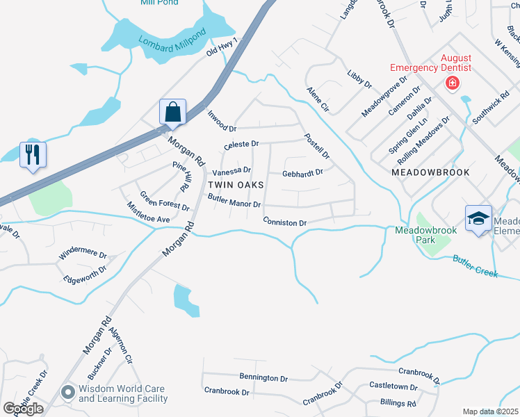 map of restaurants, bars, coffee shops, grocery stores, and more near 2876 Conniston Drive in Hephzibah
