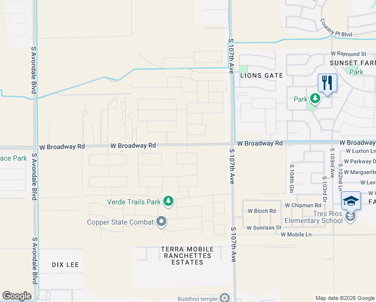 map of restaurants, bars, coffee shops, grocery stores, and more near 10848 West Broadway Road in Tolleson