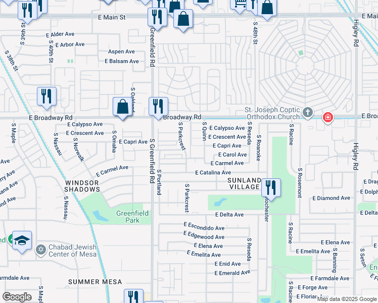 map of restaurants, bars, coffee shops, grocery stores, and more near 515 South Parkcrest in Mesa