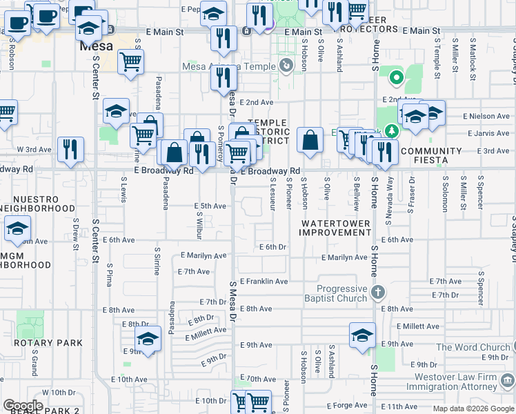 map of restaurants, bars, coffee shops, grocery stores, and more near 455 South Mesa Drive in Mesa