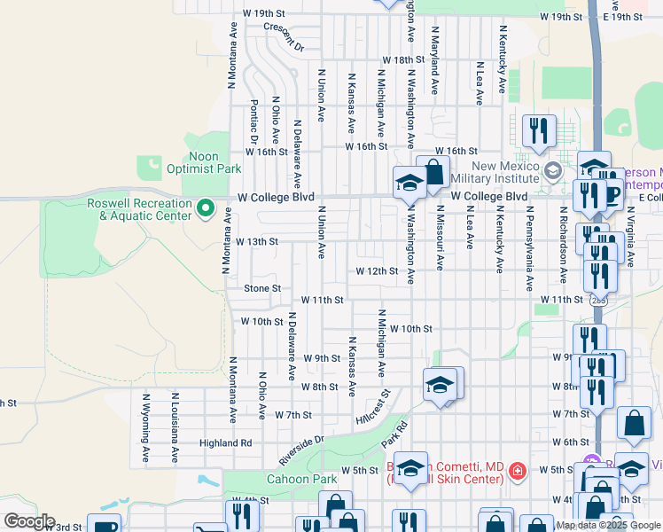 map of restaurants, bars, coffee shops, grocery stores, and more near 1210 North Kansas Avenue in Roswell