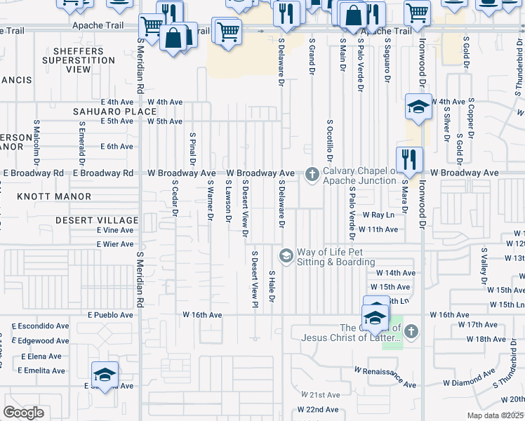 map of restaurants, bars, coffee shops, grocery stores, and more near 2481 W Broadway Ave in Apache Junction