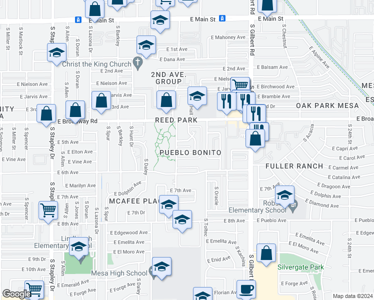 map of restaurants, bars, coffee shops, grocery stores, and more near 504 South Hall in Mesa