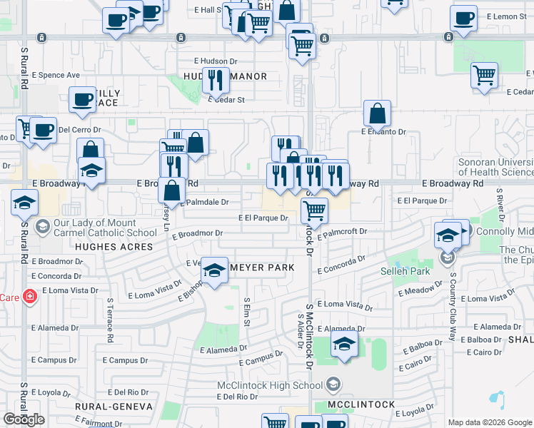 map of restaurants, bars, coffee shops, grocery stores, and more near 2035 South Elm Street in Tempe