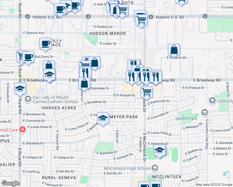 map of restaurants, bars, coffee shops, grocery stores, and more near 1536 East Palmdale Drive in Tempe