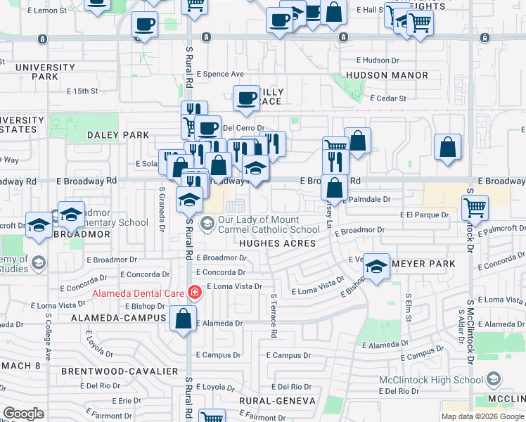 map of restaurants, bars, coffee shops, grocery stores, and more near 1105 East Broadway Road in Tempe