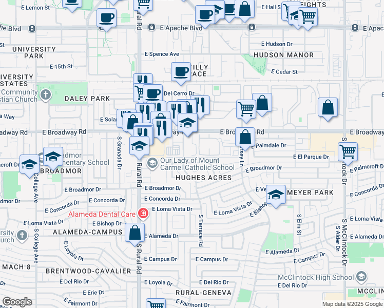 map of restaurants, bars, coffee shops, grocery stores, and more near 1105 East Broadway Road in Tempe