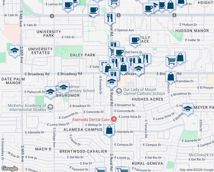 map of restaurants, bars, coffee shops, grocery stores, and more near 2014 South Rural Road in Tempe