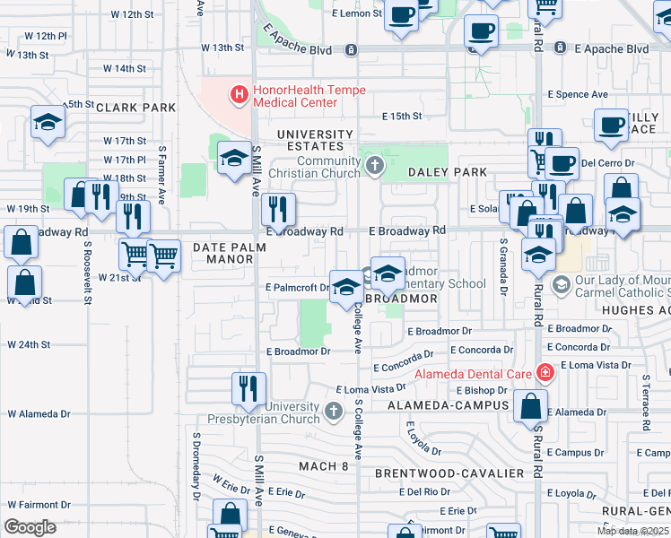 map of restaurants, bars, coffee shops, grocery stores, and more near 2021 South Forest Avenue in Tempe