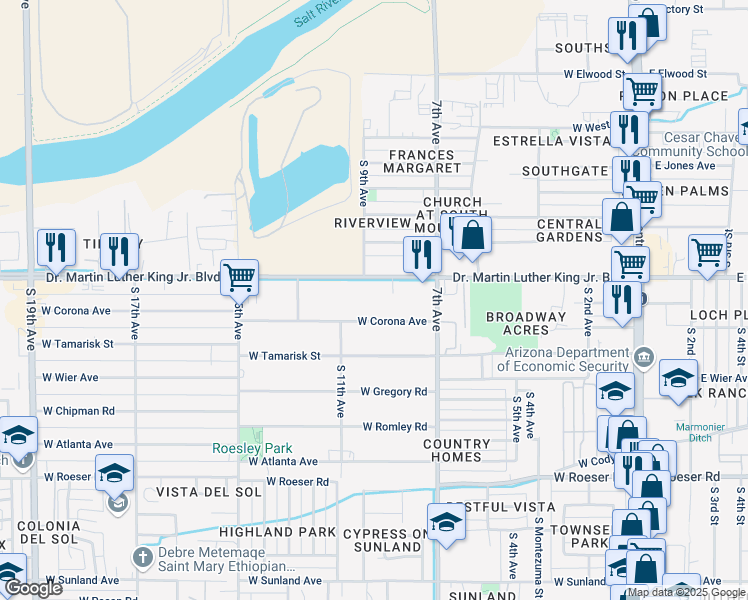 map of restaurants, bars, coffee shops, grocery stores, and more near 741 West Broadway Road in Phoenix