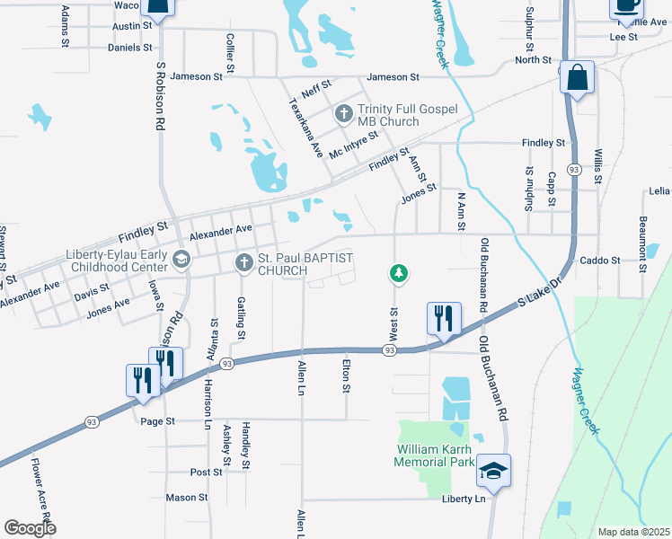 map of restaurants, bars, coffee shops, grocery stores, and more near 2615 Garber Street in Texarkana