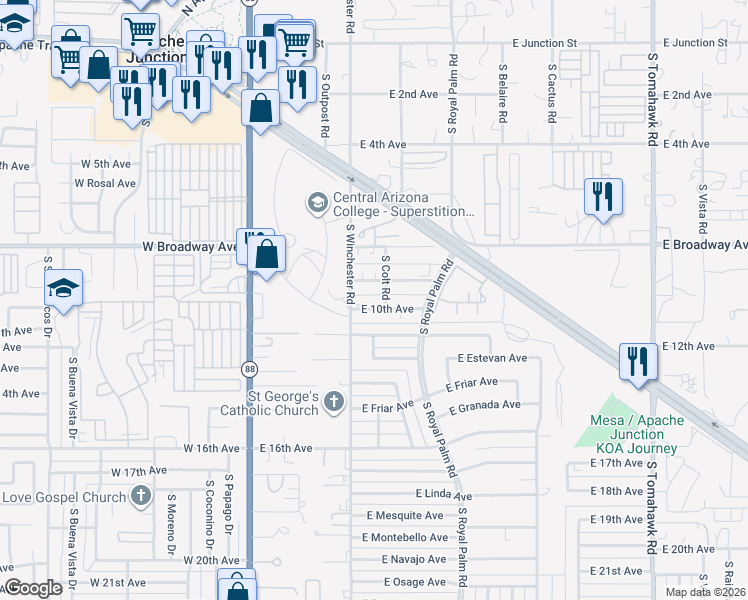 map of restaurants, bars, coffee shops, grocery stores, and more near 510 East 10th Avenue in Apache Junction