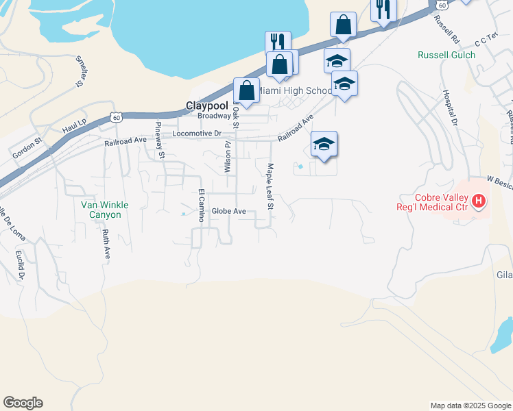 map of restaurants, bars, coffee shops, grocery stores, and more near 4457 Hammond Street in Claypool