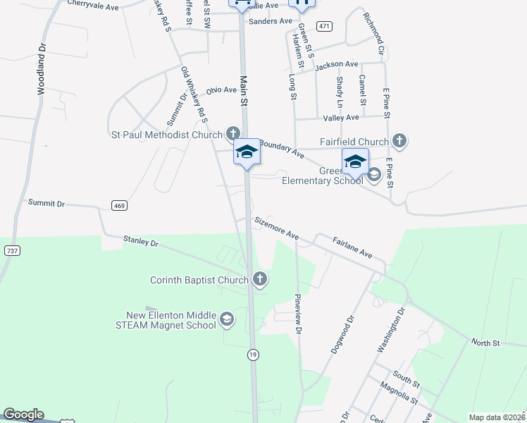 map of restaurants, bars, coffee shops, grocery stores, and more near 623 Main Street South in Jackson