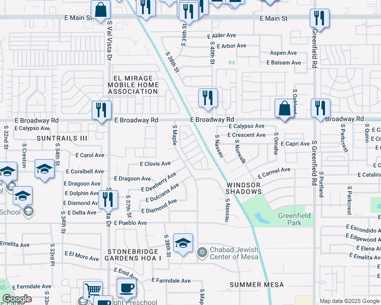 map of restaurants, bars, coffee shops, grocery stores, and more near 441 South Maple in Mesa