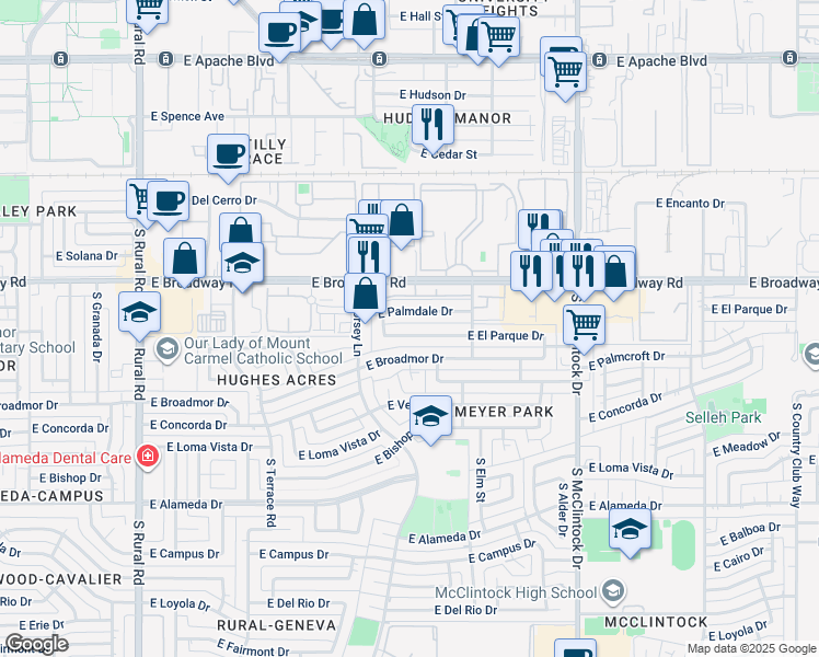 map of restaurants, bars, coffee shops, grocery stores, and more near 1431 East Palmdale Drive in Tempe