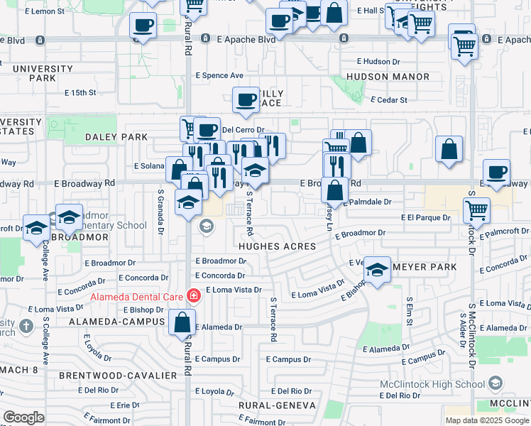 map of restaurants, bars, coffee shops, grocery stores, and more near 1207 East Broadway Road in Tempe