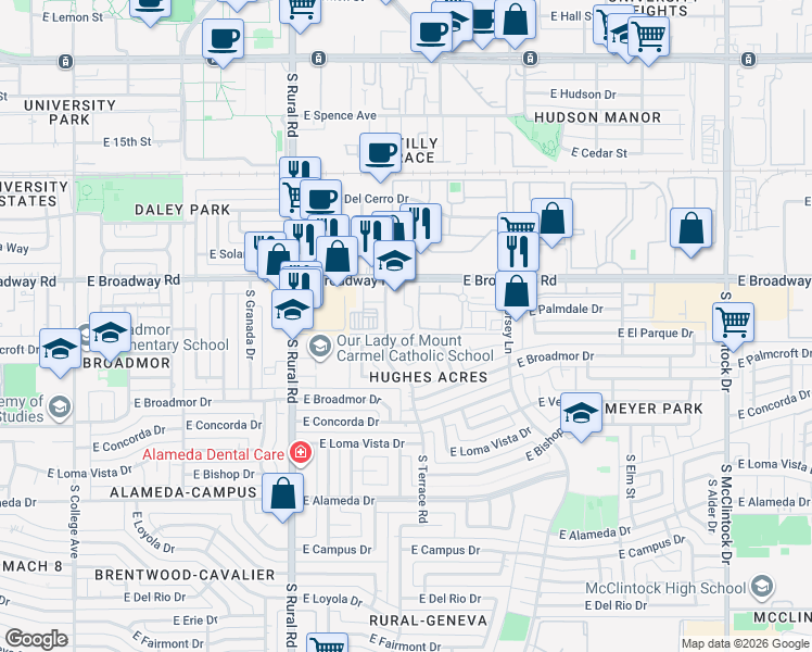 map of restaurants, bars, coffee shops, grocery stores, and more near 1105 East Broadway Road in Tempe