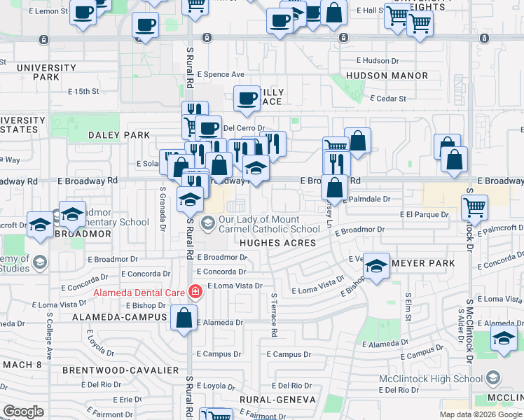 map of restaurants, bars, coffee shops, grocery stores, and more near 1105 East Broadway Road in Tempe