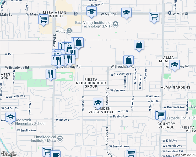 map of restaurants, bars, coffee shops, grocery stores, and more near 1644 West Crescent Avenue in Mesa