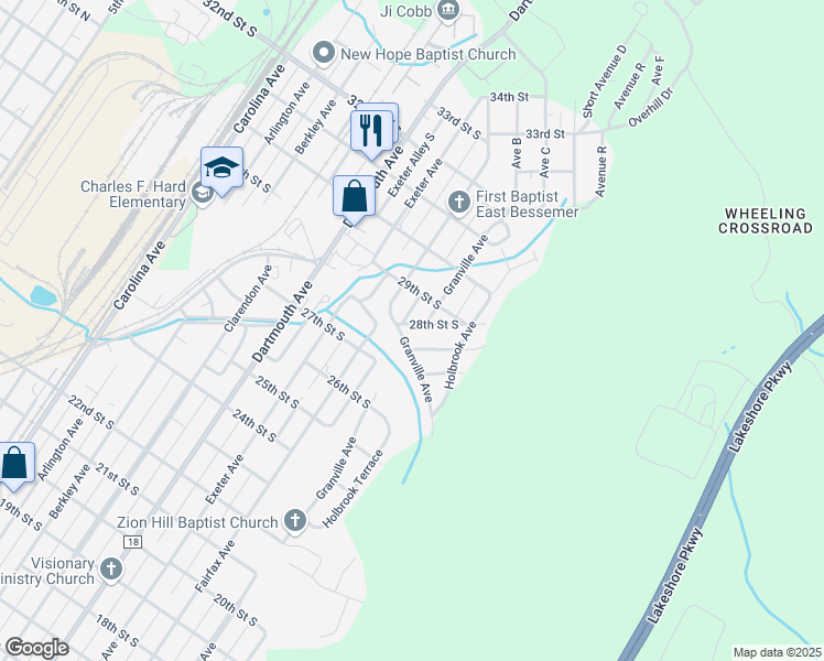 map of restaurants, bars, coffee shops, grocery stores, and more near 624 28th Street South in Bessemer