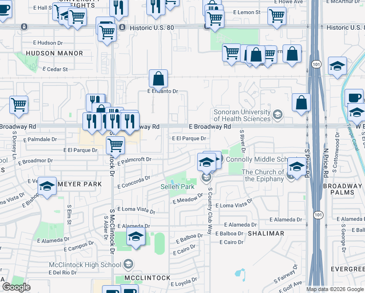 map of restaurants, bars, coffee shops, grocery stores, and more near 1917 East El Parque Drive in Tempe