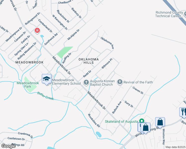 map of restaurants, bars, coffee shops, grocery stores, and more near 3549 Biltmore Place in Augusta
