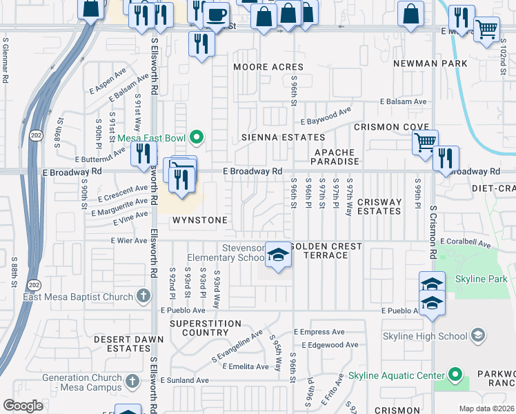 map of restaurants, bars, coffee shops, grocery stores, and more near 9501 East Broadway Road in Mesa