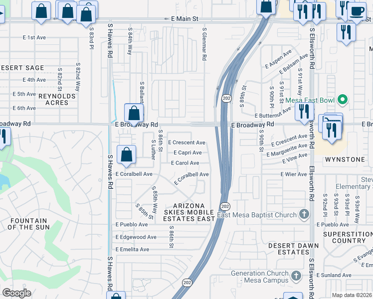 map of restaurants, bars, coffee shops, grocery stores, and more near 8655 East Crescent Avenue in Mesa