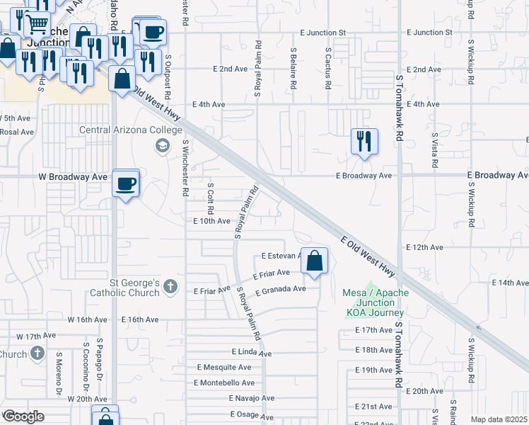 map of restaurants, bars, coffee shops, grocery stores, and more near 975 South Royal Palm Road in Apache Junction