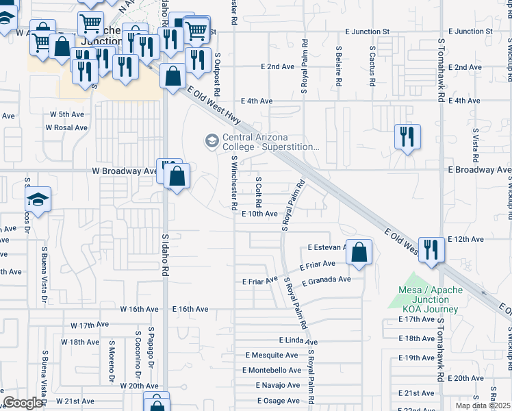 map of restaurants, bars, coffee shops, grocery stores, and more near 559 East 9th Avenue in Apache Junction