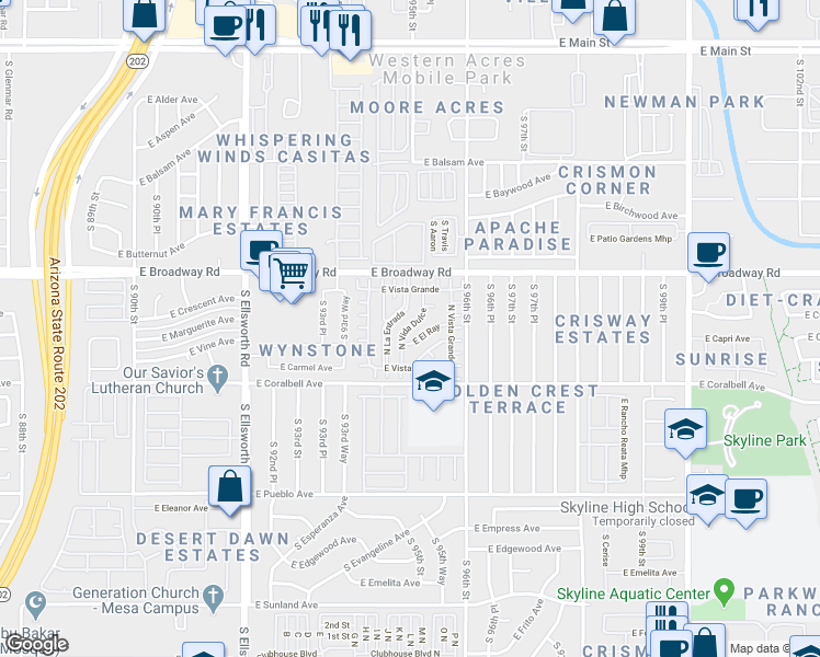map of restaurants, bars, coffee shops, grocery stores, and more near 9501 East Broadway Road in Mesa