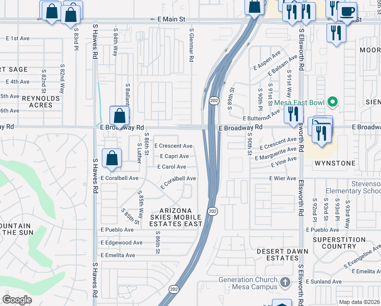 map of restaurants, bars, coffee shops, grocery stores, and more near 8755 East Crescent Avenue in Mesa