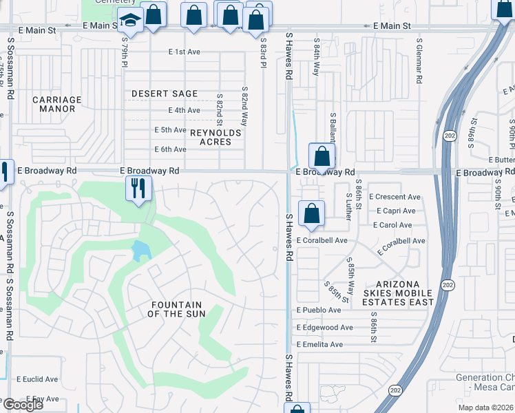 map of restaurants, bars, coffee shops, grocery stores, and more near 8255 East Cactus Drive in Mesa