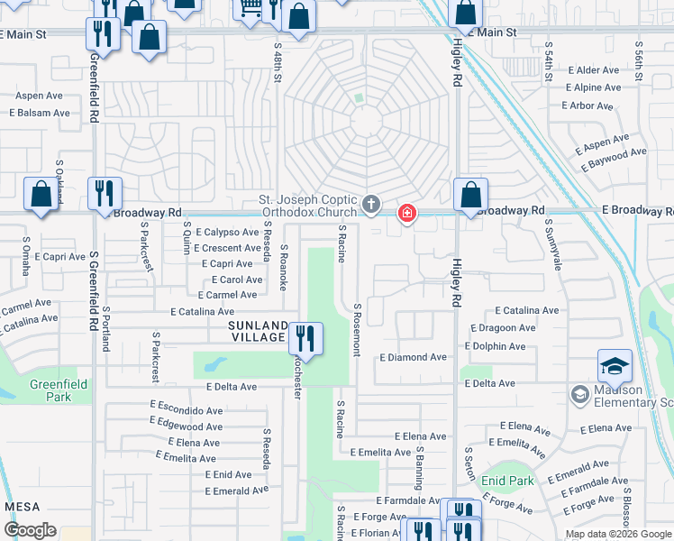map of restaurants, bars, coffee shops, grocery stores, and more near 501 South Racine in Mesa