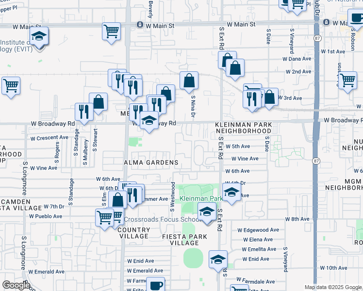 map of restaurants, bars, coffee shops, grocery stores, and more near 945 West Broadway Road in Mesa