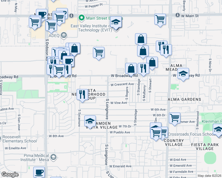 map of restaurants, bars, coffee shops, grocery stores, and more near 1558 West Crescent Avenue in Mesa