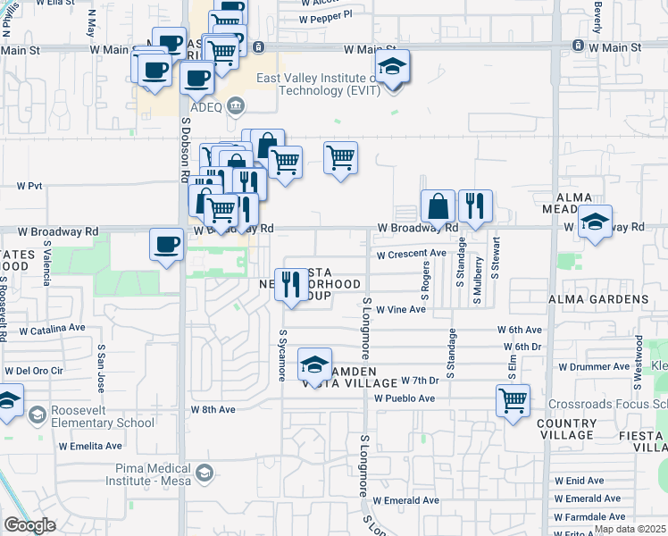 map of restaurants, bars, coffee shops, grocery stores, and more near 1644 West Crescent Avenue in Mesa