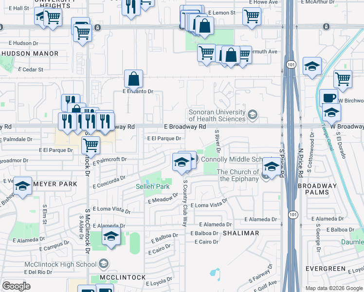 map of restaurants, bars, coffee shops, grocery stores, and more near 1959 East El Parque Drive in Tempe