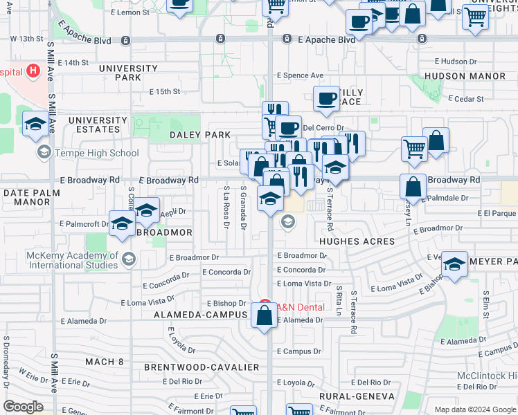 map of restaurants, bars, coffee shops, grocery stores, and more near 2014 South Rural Road in Tempe