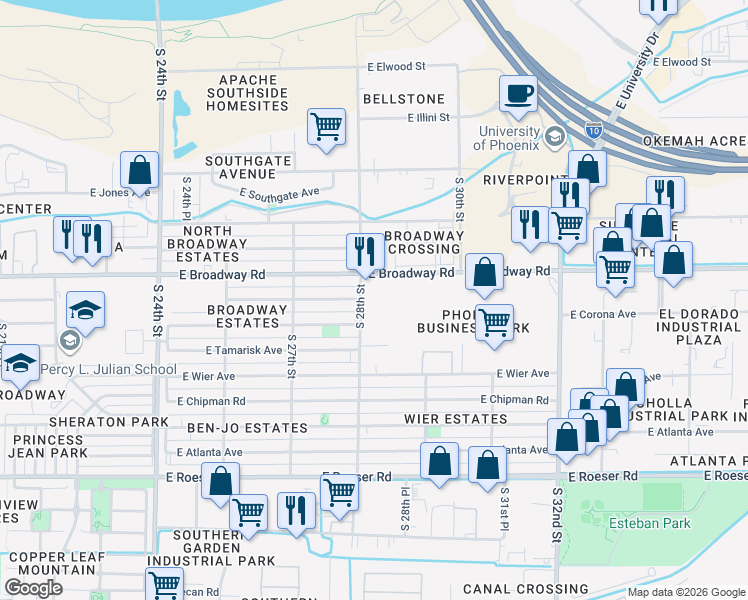 map of restaurants, bars, coffee shops, grocery stores, and more near 4415 South 28th Street in Phoenix
