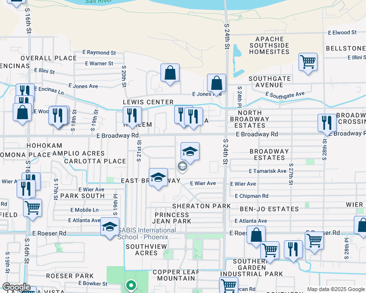 map of restaurants, bars, coffee shops, grocery stores, and more near 2201 East Broadway Road in Phoenix